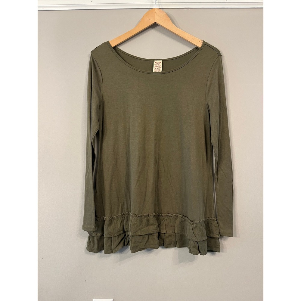 Faded Glory Women Olive Green Long Sleeve Ruffle Hem Tunic Top Size M 8-10